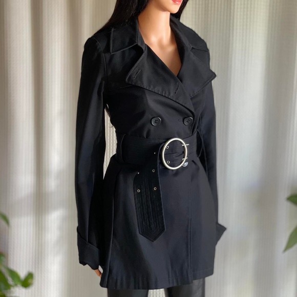 Vintage 90s Via Spiga Black Trench Coat Belted Double Breasted Jacket Size S - Picture 1 of 8